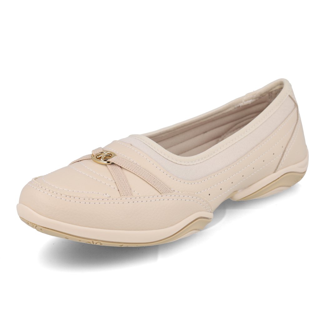 Tênis casual feminino Kolosh bege claro modelo C2742A-0003 com aplique dourado e detalhe tule